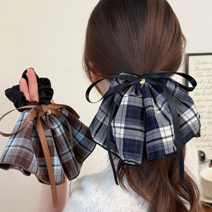 Sweet Plaid Bow Scrunchie With Long Ribbon Streamer Fabric Hair Ties With Heart Charm Hair Rope Accessories For Women