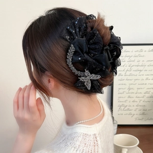 Pince Crabe Élégante en Maille Noire avec Nœud pour Femmes Dentelle Strass Papillon Paillettes Pince à Cheveux de Fête