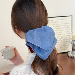 Dual-layer oversized denim and red bow hair scrunchie accessory for women