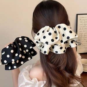French Large Polka Dot Satin Bow Hair Clip With Artificial Pearl Elegant Spring Hairpin Fashion Headpiece For Women