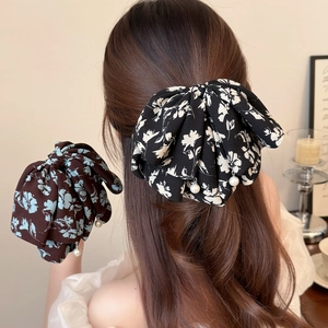 Korean Sweet Floral Bow Hair Clip With Artificial Pearl Pendant Large Fabric Streamer Ponytail Claw For Women Hair Accessories