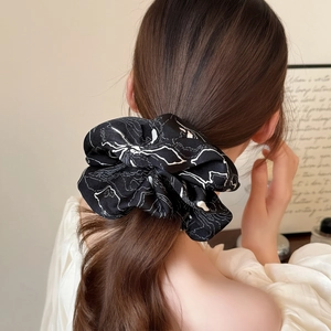Elegant black marble print oversized satin scrunchie for women hair styling