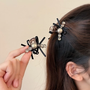 Elegant Mini Hair Claw Clip For Women Black Satin Bow Rhinestone Faux Artificial Pearl Korean Style Vintage Bangs Clip Hair Jewelry