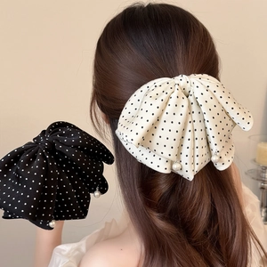 Französisch Retro Polka Dot Schleife Haarklammer Große Stoff Haifisch Clip Mit Künstliche Perlenanhänger Pferdeschwanz Halter Damen Schmuck