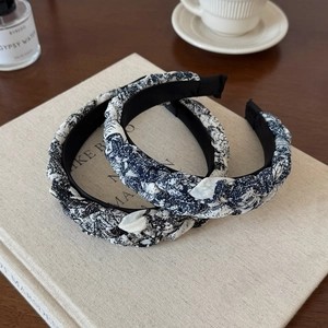 Set of two braided twist headbands with vintage blue and white ink floral print