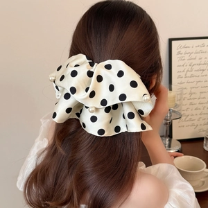 French style oversized white satin bow hair clip with black polka dots and pearls