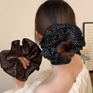Chouchou Géant en Tissu à 4 Couches Style Maillard Imprimé Léopard Pois Grand Élastique à Cheveux Plissé Accessoires Pour Femmes