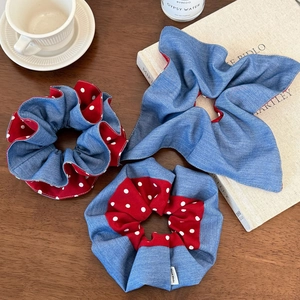Retro denim and red polka dot hair scrunchies with long ribbon tie for women