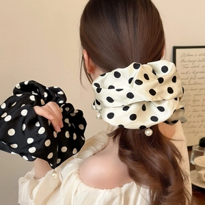 French Vintage Satin Large Polka Dot Scrunchie With Faux Artificial Pearl Pendant Elastic Hair Tie Elegant Headband Women Hair Jewelry