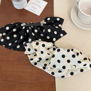French style polka dot satin bow hair clips with pearls and metal spring closure