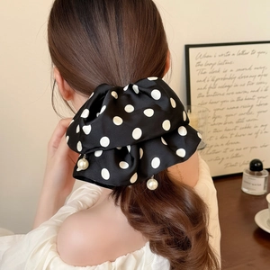 French retro oversized black polka dot satin scrunchie with hanging pearl tassels