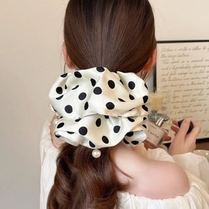 Polka dot satin scrunchie with pearl trim in elegant French style for women