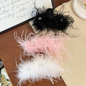 Ostrich feather hair claws with sparkling rhinestones in black, pink, and white set