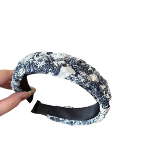 Blue and white ink print woven wide headband with elegant braided twist design