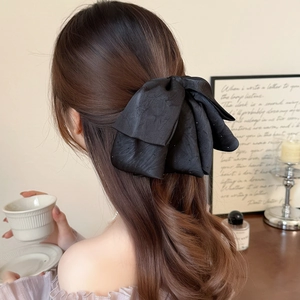 French Elegant Black Satin Bow Hair Claw Clip For Women Large Ponytail Clip With Rhinestone Embellishment Hair Accessories