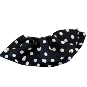 French style black polka dot satin hair clip with elegant pearls and ruffled edges