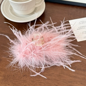 Détail d'une pince à cheveux en plumes roses sur bois avec décorations élégantes