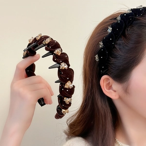 Diadema de Terciopelo Trenzado Vintage Con Diamantes de Imitación y Tachuelas Antideslizante Acolchada Estilo Coreano Mujer