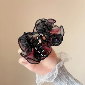 Grande pince à cheveux élégante en organza bicolore noir et rouge pour femme