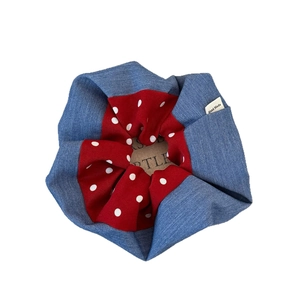 Handmade denim and red polka dot fabric scrunchie with a unique double-layer design