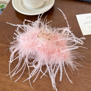 Gros plan d'une pince à cheveux en plumes roses avec acrylique et ressort doré