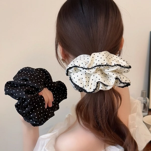 French Style Large Polka Dot Scrunchies For Women Retro Black White Pleated Hair Ring High Elasticity Elegant Ponytail Holder Hair Accessories
