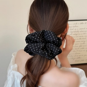 Elegant black and white polka dot oversized scrunchie for women's high ponytail