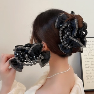 Pince à Cheveux Élégante avec Nœud en Maille Noire et Strass Grande Pince Crabe Brillante pour Femme Accessoires Cheveux