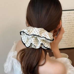 French style white polka dot scrunchie with elegant black ruffled edge for women