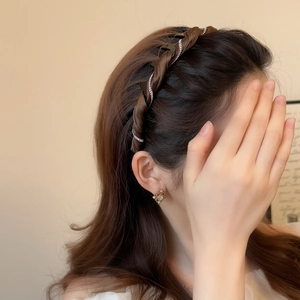 Elegant dark brown satin twisted headband with sparkling rhinestones for women