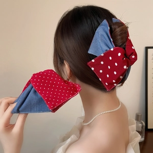 Vintage Polka Dot Fabric Hair Claw Clip Bowknot Contrast Color French Style Elegant Shark Clip Hair Accessory For Women