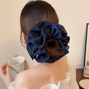Navy Blue Polka Dot Scrunchie Fashion Large Pleated Hair Tie Elastic Fabric Ponytail Holder Hair Accessories For Women