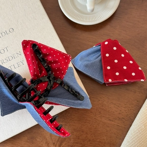 French style red polka dot and navy denim bow hair claw clip for women's hairstyles