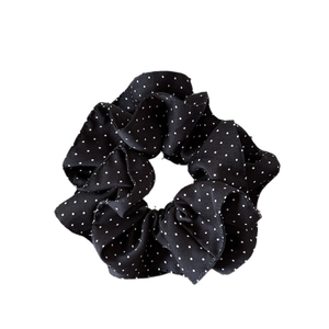 French style black and white polka dot fabric scrunchie with elastic double-layer design