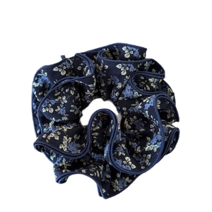 Large navy blue floral scrunchie with French style oversized pleated fabric hair tie