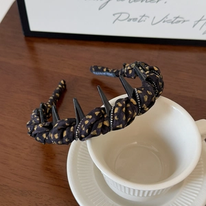 Handmade gold polka dot black headband with small clips for hair styling and volume