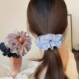 Pleated satin scrunchies set in blue, pink and gold with elegant metal buckle detail