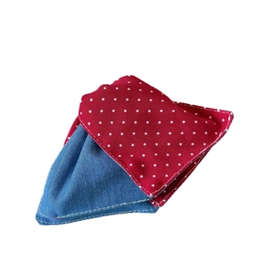 Polka dot red and blue denim patchwork hair claw clip with contrast stitching details