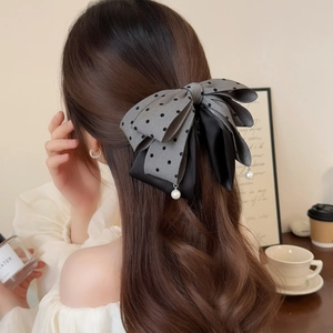 Elegant grey polka dot mesh and black satin bow hair clip with pearls for women