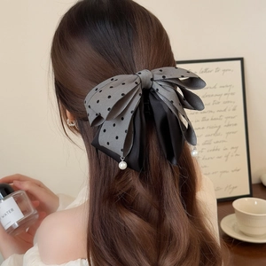 Elegant Grey Polka Dot Bow Hair Clip With Artificial Pearl Decor Mesh Satin Layered Hairpin For Women Fashion Hair Accessories