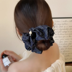 French vintage navy plaid hair scrunchie with white pearl accents for autumn fashion