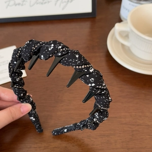 French fabric floral headband with non-slip teeth and sparkling silver rhinestones