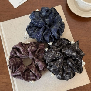 Three-piece vintage plaid scrunchies set with pearl accents for elegant hair styling