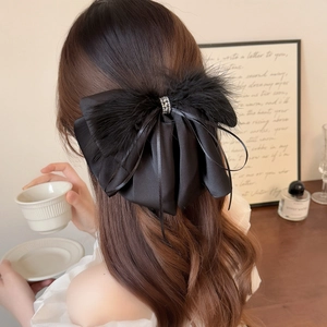 Vintage Black Satin Bow Hair Clip With Feather Rhinestone Elegant Large Ponytail Claw Clip For Women Party Accessories