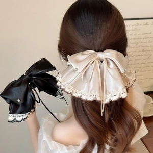 Elegant Satin Bow Hair Clip With Lace Trim Rhinestone French Vintage Pleated Bowknot Ponytail Holder Hair Claw For Women