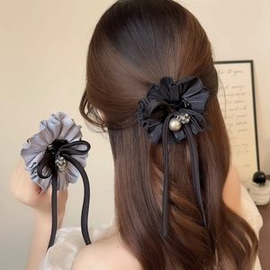 Elegant Fabric Flower Hair Claw Clip With French Pleated Alloy Faux Artificial Pearl Rhinestone Bowknot Long Ribbon Tassel Accessory