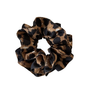 Double-layered leopard print satin scrunchie for women with stylish pleated texture