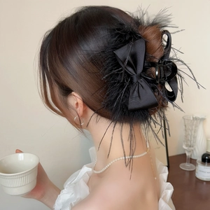 Black Feather Bowknot Hair Claw Clip Satin Ribbon Elegant French Vintage Large Shark Clip For Women Hair Bun Accessories