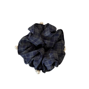 Retro dark blue plaid hair scrunchie with faux pearls for elegant ponytail styling