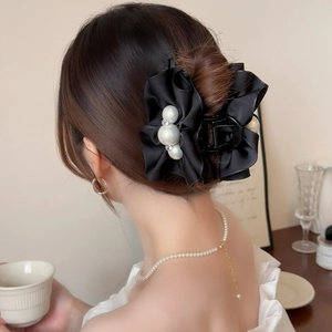 Pince à Cheveux Élégante Française en Satin Noir avec Nœud Fausse Künstliche Perle Strass Décorative Grande Accessoire de Coiffure pour Femmes